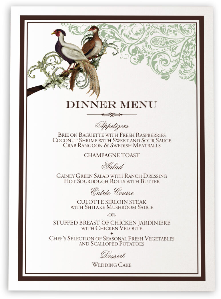 Asian Peace Birds Wedding Reception Menu Cards and Custom Menus - Documents and Designs Have this Asian Peace Birds wedding menu card made and waiting for your guests at their seat